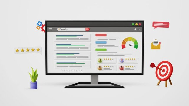 SEO Optimization, SEO ranking, SERP, digital marketing, web analytics, website ranking, organic reviews, top results. Optimized search engine results or SERP on computer screen. 4K 3D animation