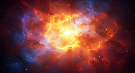 Obraz premium Vibrant cosmic nebula with fiery orange and yellow explosion. Digital illustration of swirling space colors and textures. Dynamic celestial scene with intricate gas patterns.