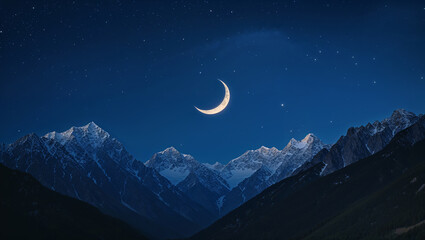 Crescent moon shining over snowy mountain peaks at night © janzwolinski
