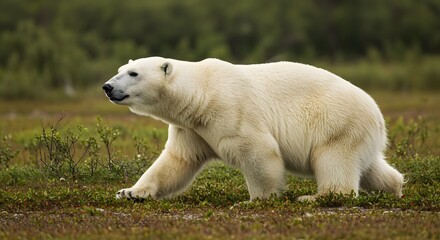 Polar Bear Walking in Green Field
