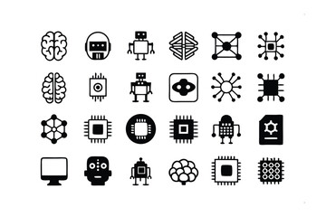 Modern AI and Robotics Iconography: A collection of modern, minimalist icons representing artificial intelligence, robotics, and related technological concepts. Designed in a clean, graphic style.