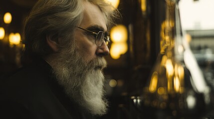 Obraz premium Elderly man with long gray-streaked hair and full white beard in profile, wearing round-framed glasses, warm moody lighting, soft bokeh background, cozy introspective indoor setting.