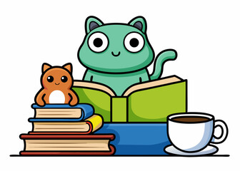 Cartoon Cats Reading Books with Coffee Cup Illustration on White Background