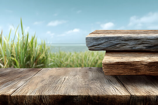 montage of wooden table tops with paddy fields against soft blue skies, concept for product display backrounds