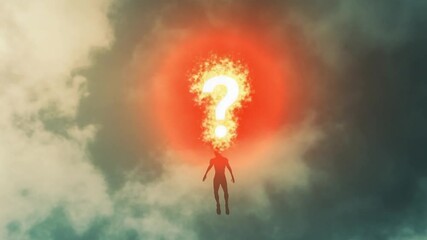 A silhouette of a person floating in the sky with a fiery question mark above their head - Powered by Adobe