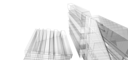 Architecture background. Perspective 3d Wireframe of building design.