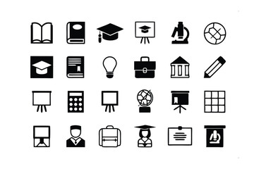 Educational Icons: A clean and crisp arrangement of essential educational icons, from books and graduation caps to globes and scientific tools. Perfect for educational materials.