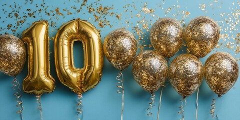 Celebration with golden balloons and a large ten numeral decoration for a festive occasion