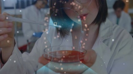 Female scientist drawing red fluid with pipette and forming holographic head above dish in lab - Powered by Adobe