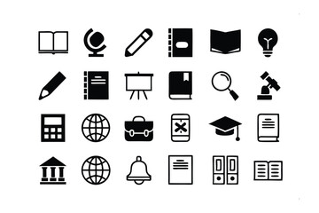 Education Icon Set: A comprehensive collection of education-related icons, including books, pencils, globes, a graduation cap, and more, perfect for websites, apps, and presentations. 