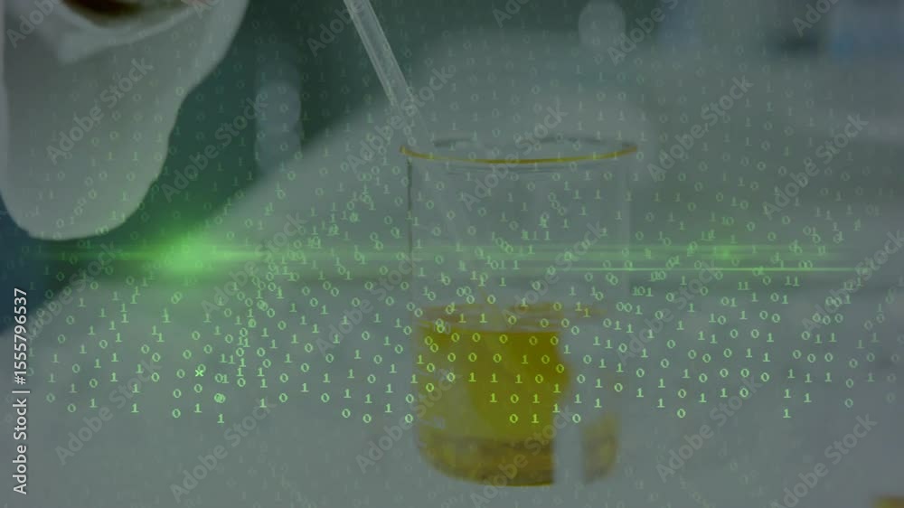 Poster gloved hand pipetting droplet into beaker while code stream and moving scan line visualizing data
