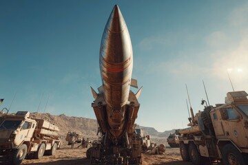 A weathered missile stands upright mounted on a carrier amid military vehicles in a desert landscape under a clear blue sky