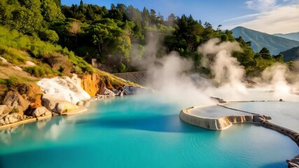 Serene turquoise thermal spring in mountain landscape with steam rising from the warm waters surrounded by lush green forest.