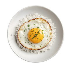 Fried egg atop a bed of rice.