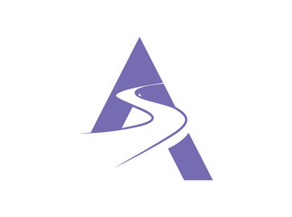 Fototapeta premium Creative letter logo design with abstract road and path symbol inside the alphabet shapes A, B, C, D, and E. Modern concept in purple color, representing journey, progress, travel, navigation, a