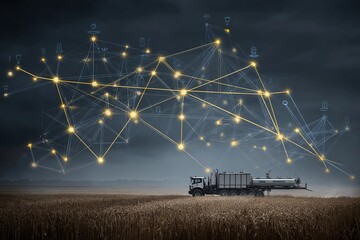 Technology connects agricultural vehicles in a field during twilight hours