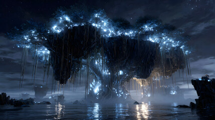 A massive floating island with bioluminescent crystal trees and dangling roots mist spiraling upward in a high contrast scene of glowing wood energy