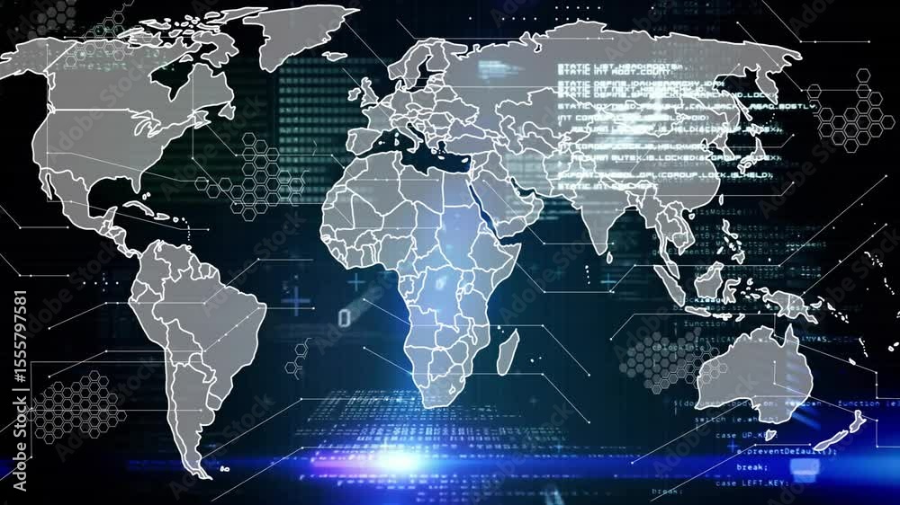 Poster beam entering right edge sweeping across world map illuminating borders and mapping data network