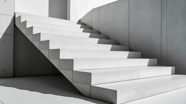 Minimalist interior architecture featuring a concrete staircase with crisp geometric forms and elegant, linear shadows in a bright, contemporary setting.