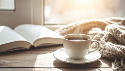 Cozy morning scene with steaming coffee cup, open book, and warm blanket by sunlit window, concept of relaxation and comfort