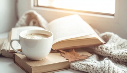 Autumn cozy scene with coffee cup on book, open book, knitted blanket, and dried leaf by sunlit window, peaceful morning atmosphere
