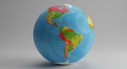 Obraz premium Hand-painted colorful globe on gray background. Artistic world map of Americas. High-resolution geography photograph.