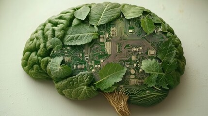 Green brain merging with electronic circuit board and leaves growing