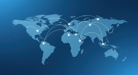 Obraz premium Blue gradient world map with white nodes. Digital illustration of global technology. Network-like international communication.