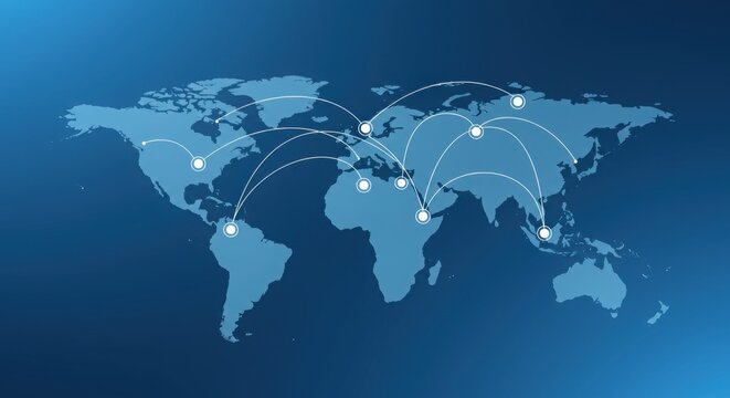 Blue gradient world map with white nodes. Digital illustration of global technology. Network-like international communication.