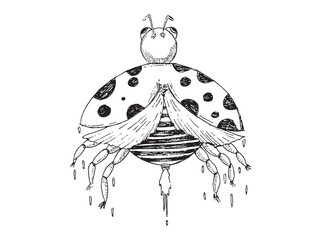 Creative surreal illustration of a ladybug with an insect body and human-like elements. Black and white fantasy artwork symbolizing transformation, nature, and imagination.