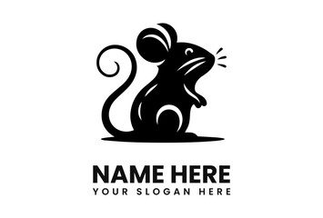 Silhouette of a stylized mouse standing, with a curled tail and text below for a name and slogan.