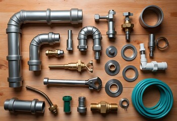 Plumbing Fittings and Tools on Wooden Background – Professional Repair and Installation Equipment

