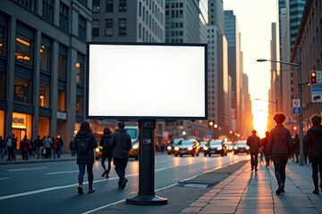 Billboard on a busy city street at sunset, with space for your ad.