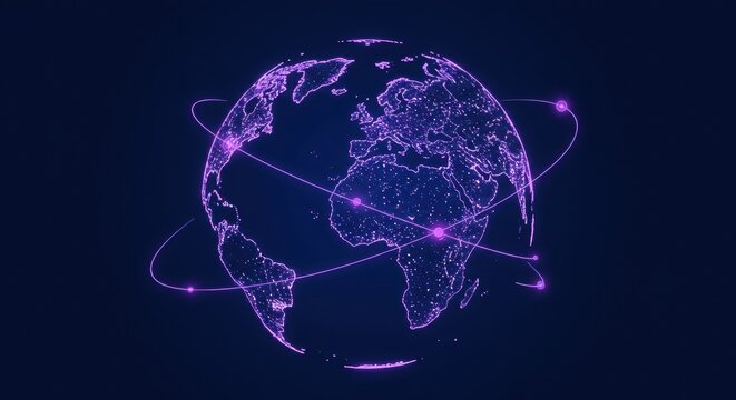 Neon-lit globe symbolizing global connectivity. Futuristic digital illustration of Earth. Modern network concept with glowing lines.