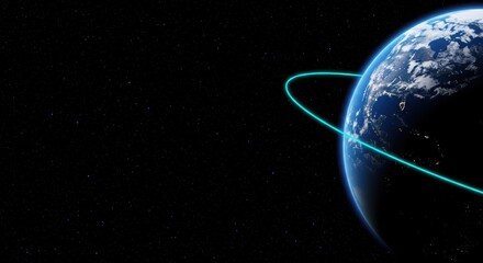 Naklejka premium Stylized Earth with swirling clouds from space. Futuristic cyan orbit lines. Minimalist cosmic illustration.