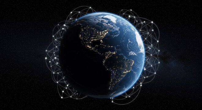 Earth from space with glowing network lines. Realistic planet with city lights. Cosmic global connectivity illustration. - Powered by Adobe