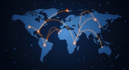 Glowing world map with orange connectivity lines. Modern global data transfer concept. Dark blue space-themed background.