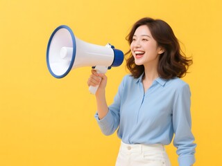 Happy Woman Speaking with Megaphone on Yellow Background