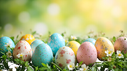 Fototapeta premium Decorated Easter Eggs In Greenery isolated on a transparent background