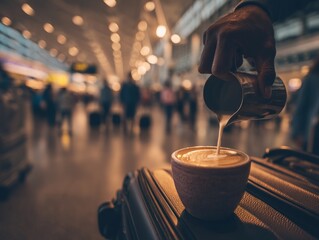 Airport Latte Art: Coffee being poured into a cup