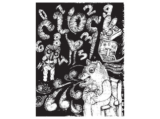 Detailed surreal black and white illustration with abstract characters and numbers. Complex fantasy artwork symbolizing imagination and chaos.