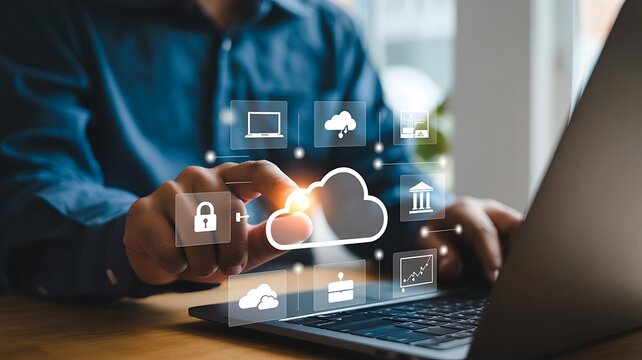 Person touching cloud icon on digital interface with laptop