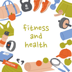 Fitness and health banner with square frame made of sports equipment. Healthy lifestyle elements. Template for postcard, poster, flyer, social media. Vector flat illustration on white background