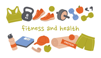 Fitness and health horizontal banner with composition of sports equipment. Healthy lifestyle elements. Template for postcard, poster, flyer, social media. Vector flat illustration on white background