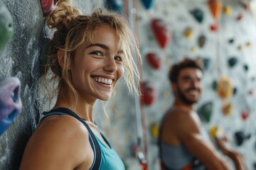 Man and woman at an indoor rock climbing gym, collaborating and supporting each other during a challenging climbing session, Generative AI