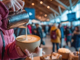 Barista pouring latte art into ceramic cup