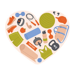 Banner with sports equipment in shape of heart. Love for sports and health concept. Healthy lifestyle elements. Template for poster, flyer, postcard. Vector flat illustration on white background