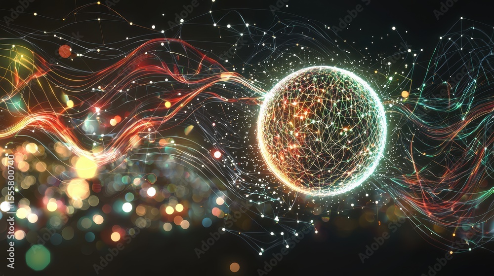 Poster a glowing spherical network connected by intricate lines and nodes, symbolizing data flow and digita