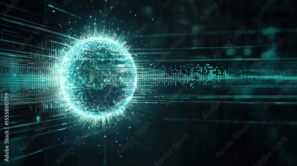 Poster a glowing digital sphere emitting interconnected lines and particles, representing advanced data net