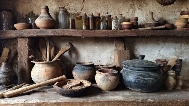 Antique kitchenware display on wooden shelves